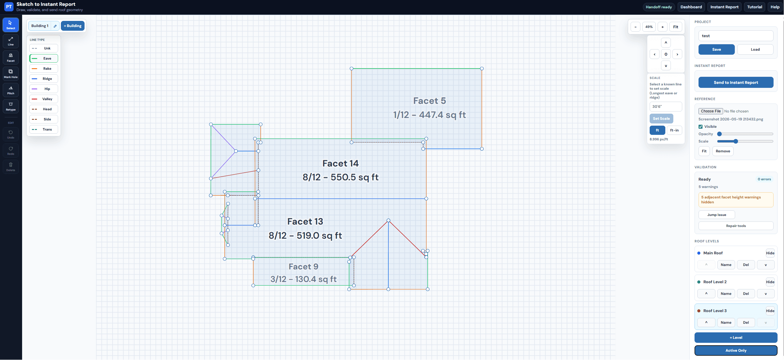 Panel Takeoff sketch app interface showing roof facets, line types, validation, scale controls, and Send to Instant Report button