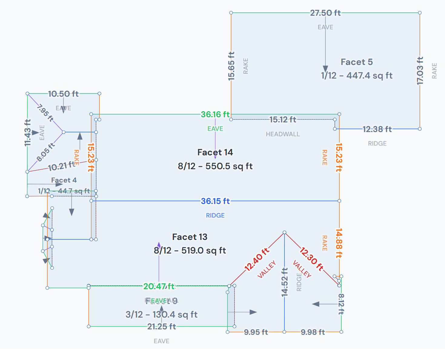 Standing seam roof sketch with facet labels, pitch labels, and edge measurements in Panel Takeoff