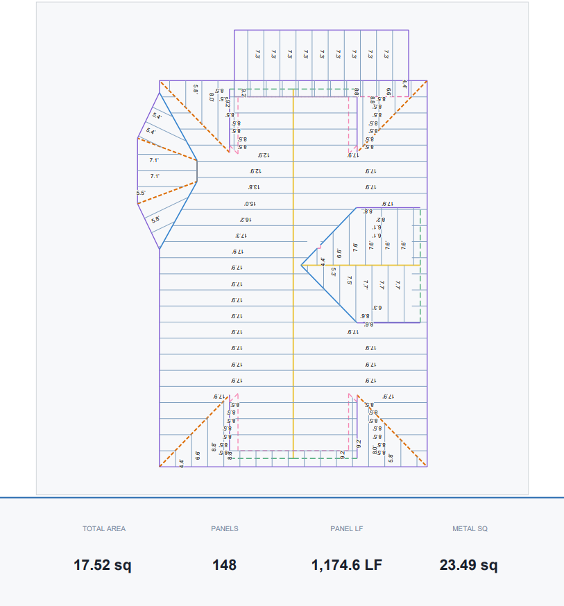 Standing seam material calculation panel takeoff report sample by Panel Takeoff — panel counts, trim quantities, and material totals